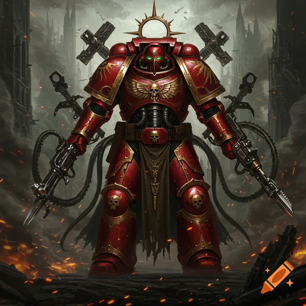 A formidable red and gold armored Space Marine stands amidst fiery ruins, holding two large weapons.