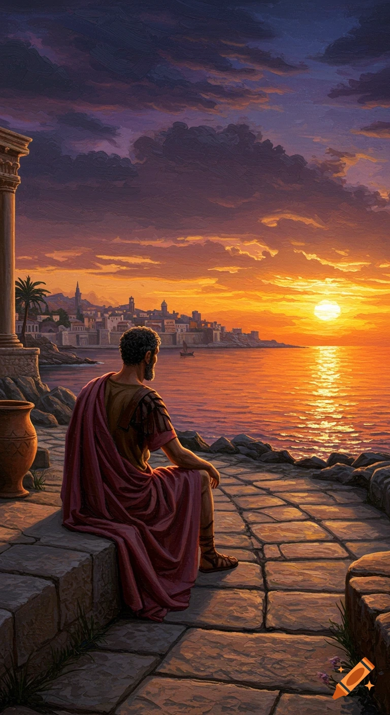 A classical oil painting of a man in ancient Roman robes sitting by the sea at a dramatic sunset, gazing thoughtfully at the ocean.