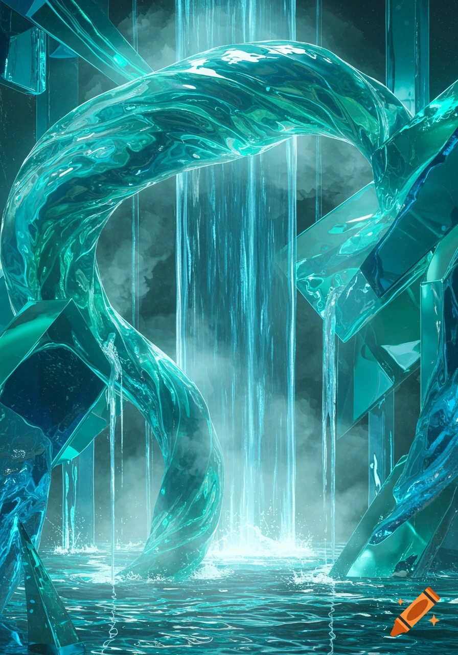 An abstract artwork featuring glowing turquoise water flowing and splashing around translucent, crystalline teal structures.