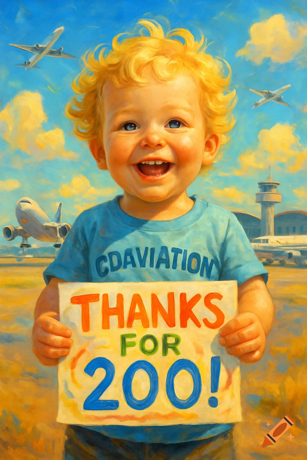 A happy blonde toddler in a blue shirt holds a 'THANKS FOR 200!' sign at an airport with planes, in a painterly style.