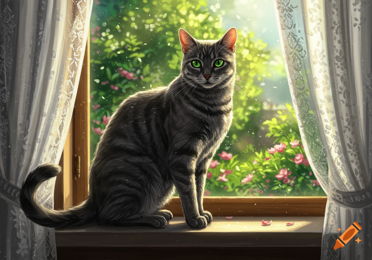 A detailed digital painting shows a gray tabby cat with green eyes sitting on a sunlit windowsill, looking out at a lush garden.
