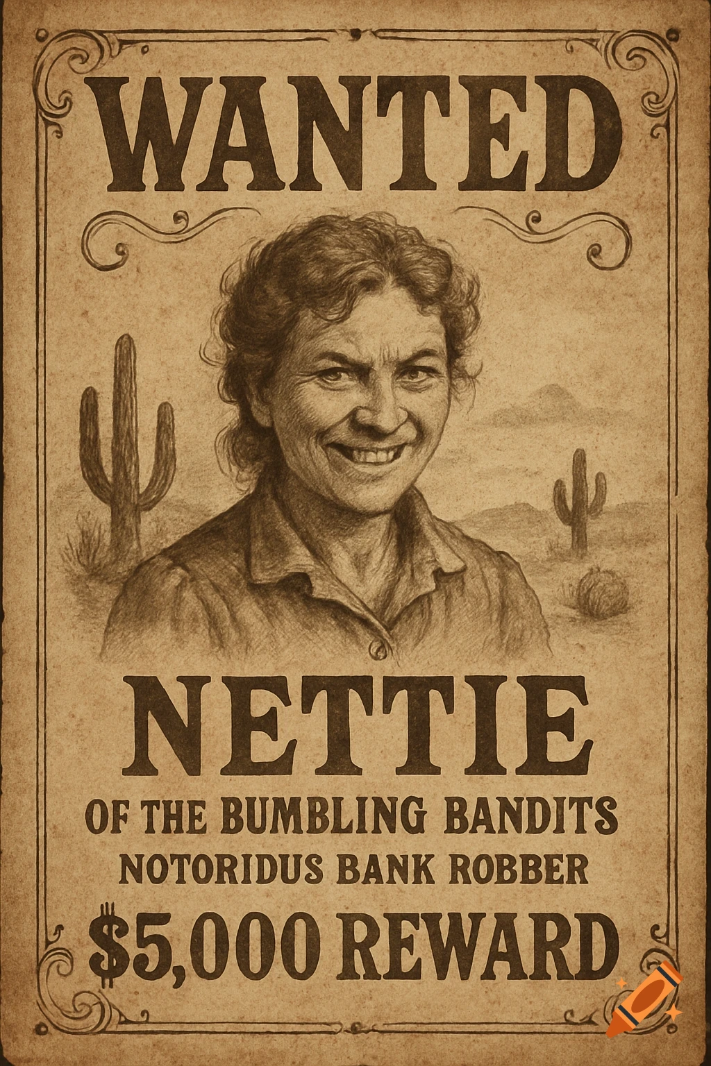 A sepia-toned old west wanted poster for Nettie, a notorious bank robber, with a sketch of her smiling face and cacti in the background.