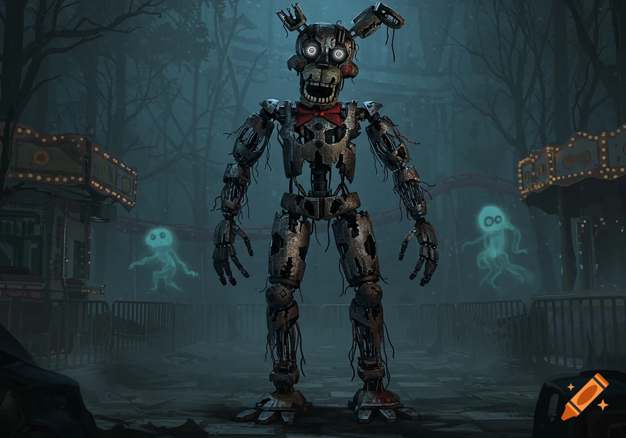 A highly detailed, withered animatronic rabbit-like robot with glowing eyes stands in a desolate, abandoned amusement park at night.