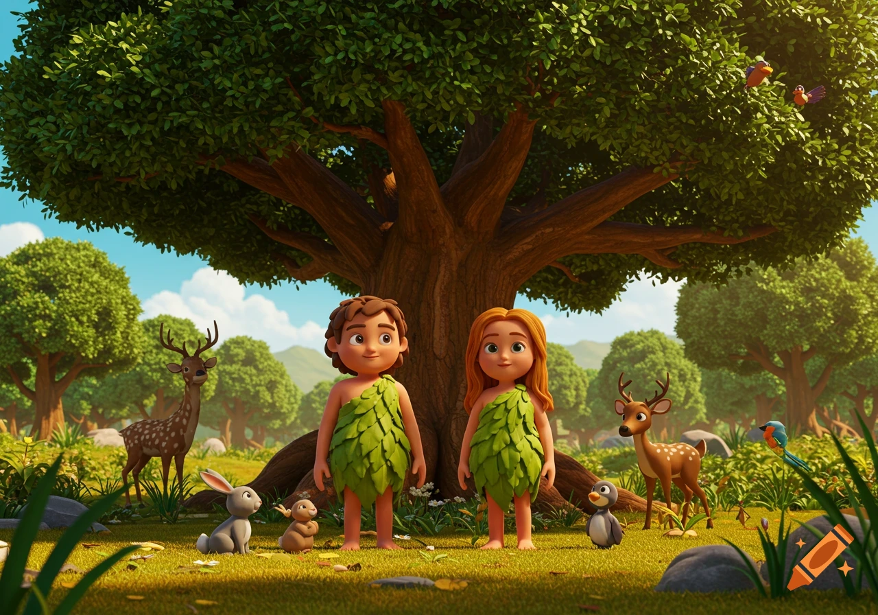 Cartoon Adam and Eve in leaf attire stand under a large tree in the Garden of Eden with friendly animals.
