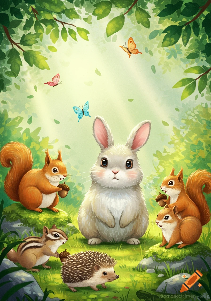 A cute white rabbit surrounded by a chipmunk, squirrels, and a hedgehog in a sunlit forest clearing, with butterflies fluttering above in a whimsical, illustrated style.