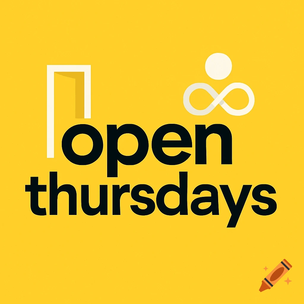 A minimalist logo with black text 'open thursdays' on a yellow background, featuring a white abstract door shape and an infinity symbol.