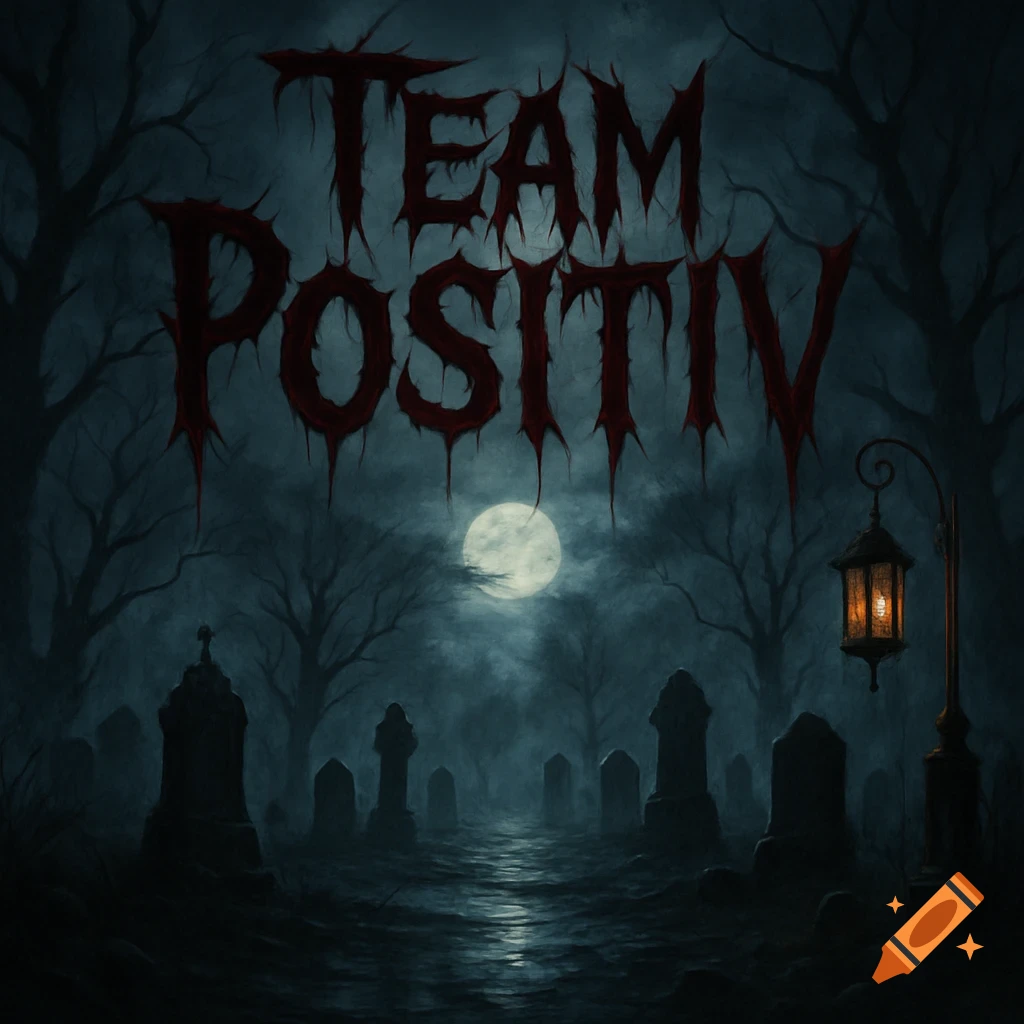 A dark, gothic graveyard scene at night under a full moon, with gravestones and bare trees. The words "TEAM POSITIV" are in a bloody font.