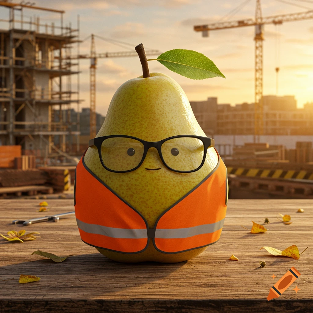 A photorealistic anthropomorphic pear wearing black glasses and an orange safety vest stands on a wooden surface at a construction site during sunset.
