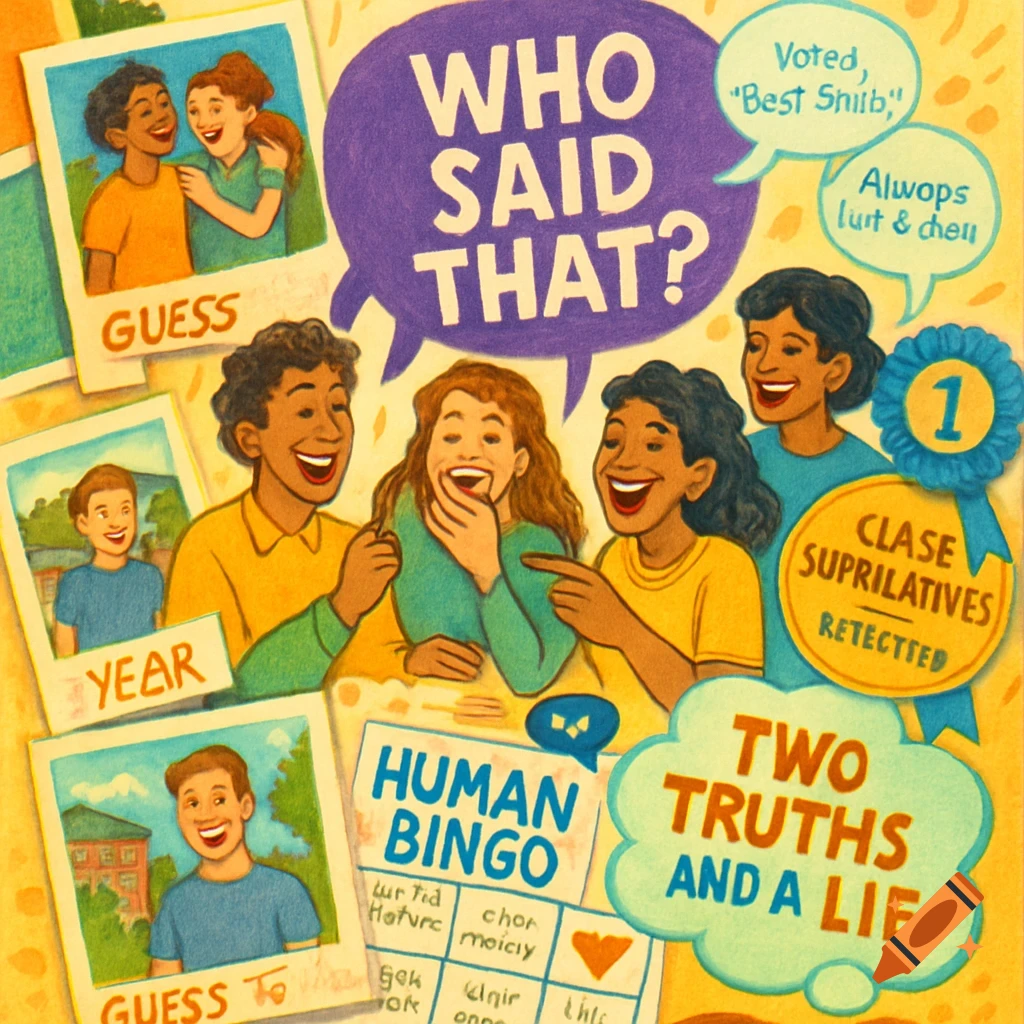 An illustration of people laughing and playing various party games, with elements like speech bubbles, polaroid photos, and bingo cards.