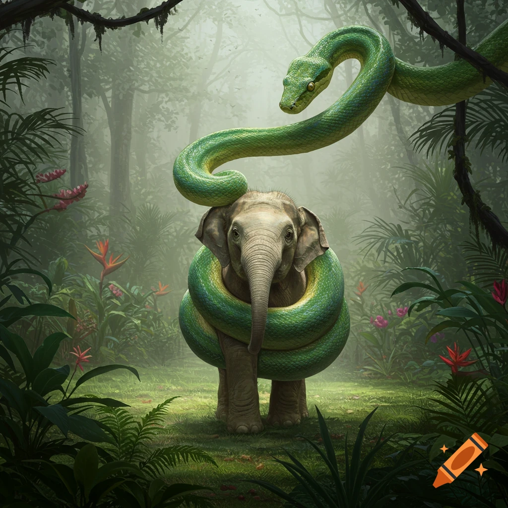 A green snake wrapped around a baby elephant in a lush jungle, depicted in a realistic style.