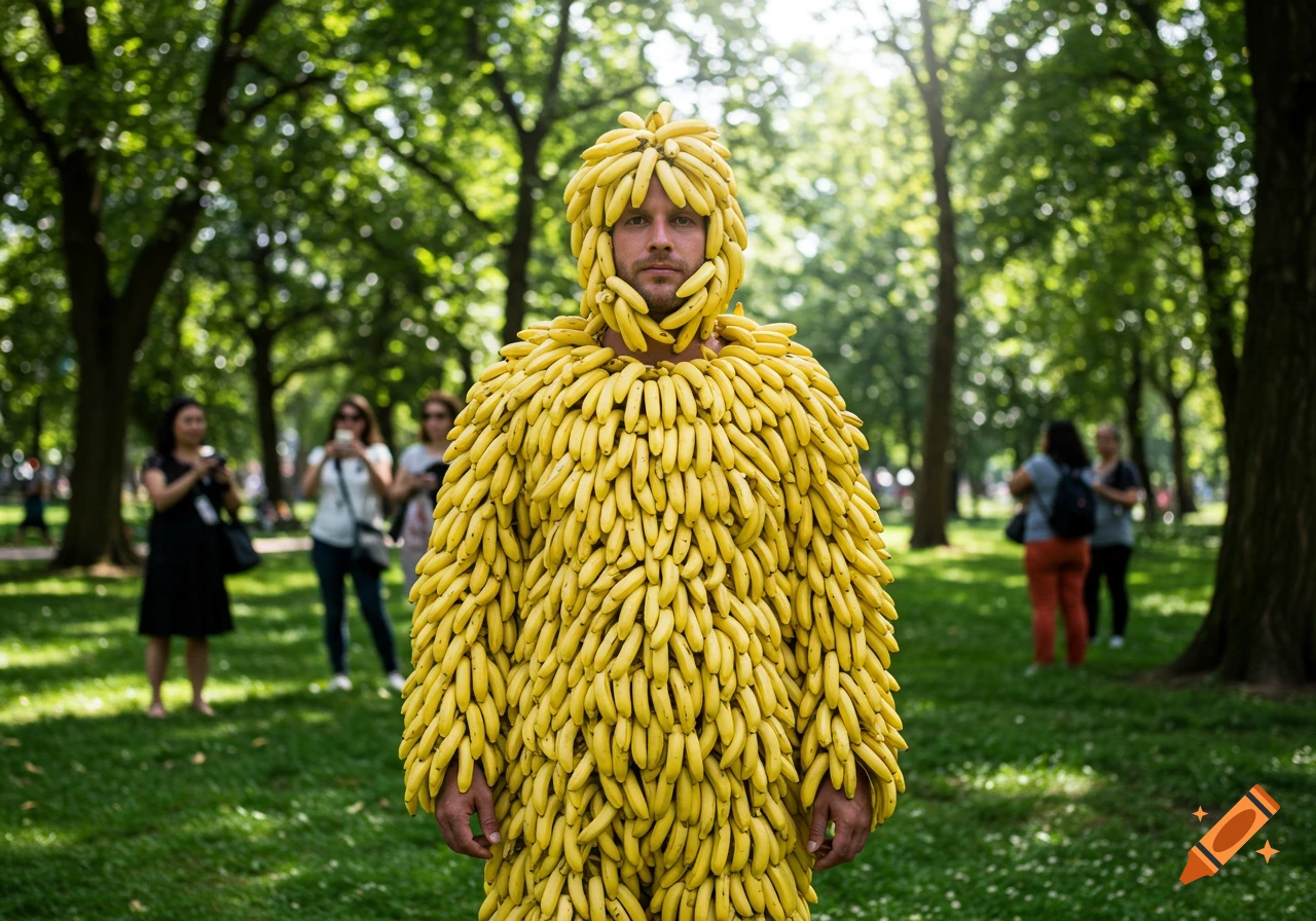 A man dressed in a suit covered entirely with small bananas stands in a grassy park.
