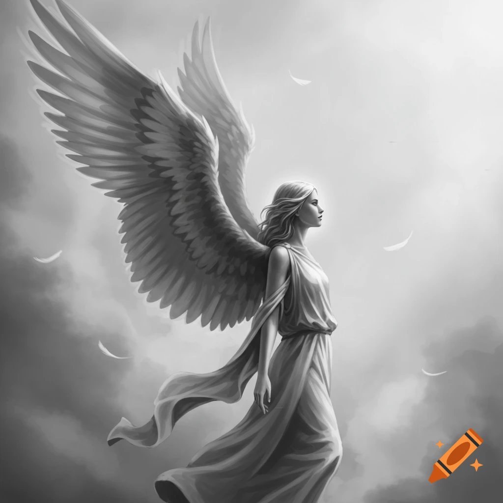 Monochrome digital painting of an angel with large wings standing in profile, looking right amidst clouds.