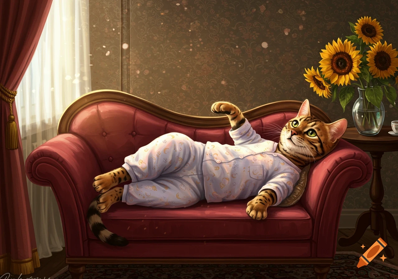 An illustrated bengal cat in pajamas lounges on a red couch by a window with sunflowers.