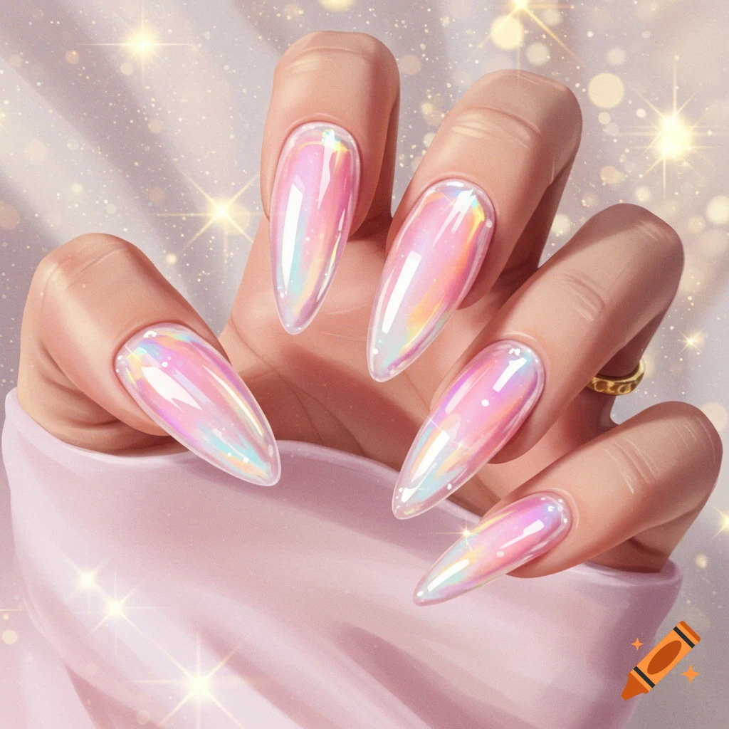 Close-up of a hand with long, iridescent pink almond-shaped nails and a sparkling background.