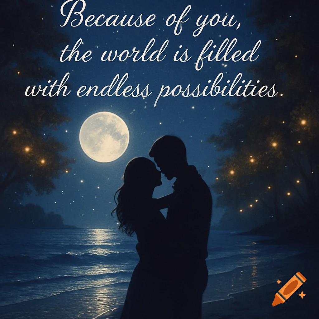 Silhouetted couple embracing under a full moon by a lake or ocean at night, with trees and sparkling lights.