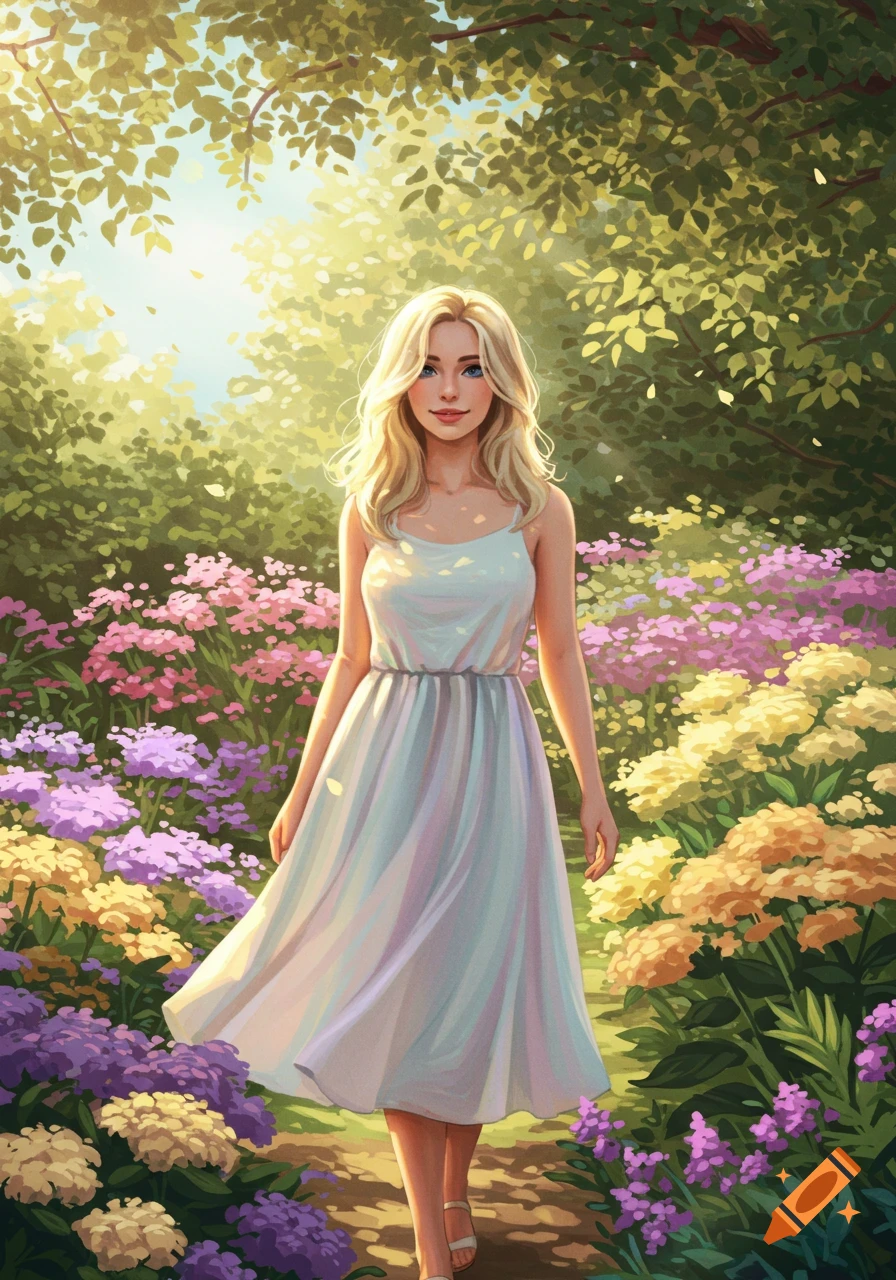 Stylized illustration of a smiling blonde woman in a white sun dress walking on a path through a vibrant, sunny flower garden.