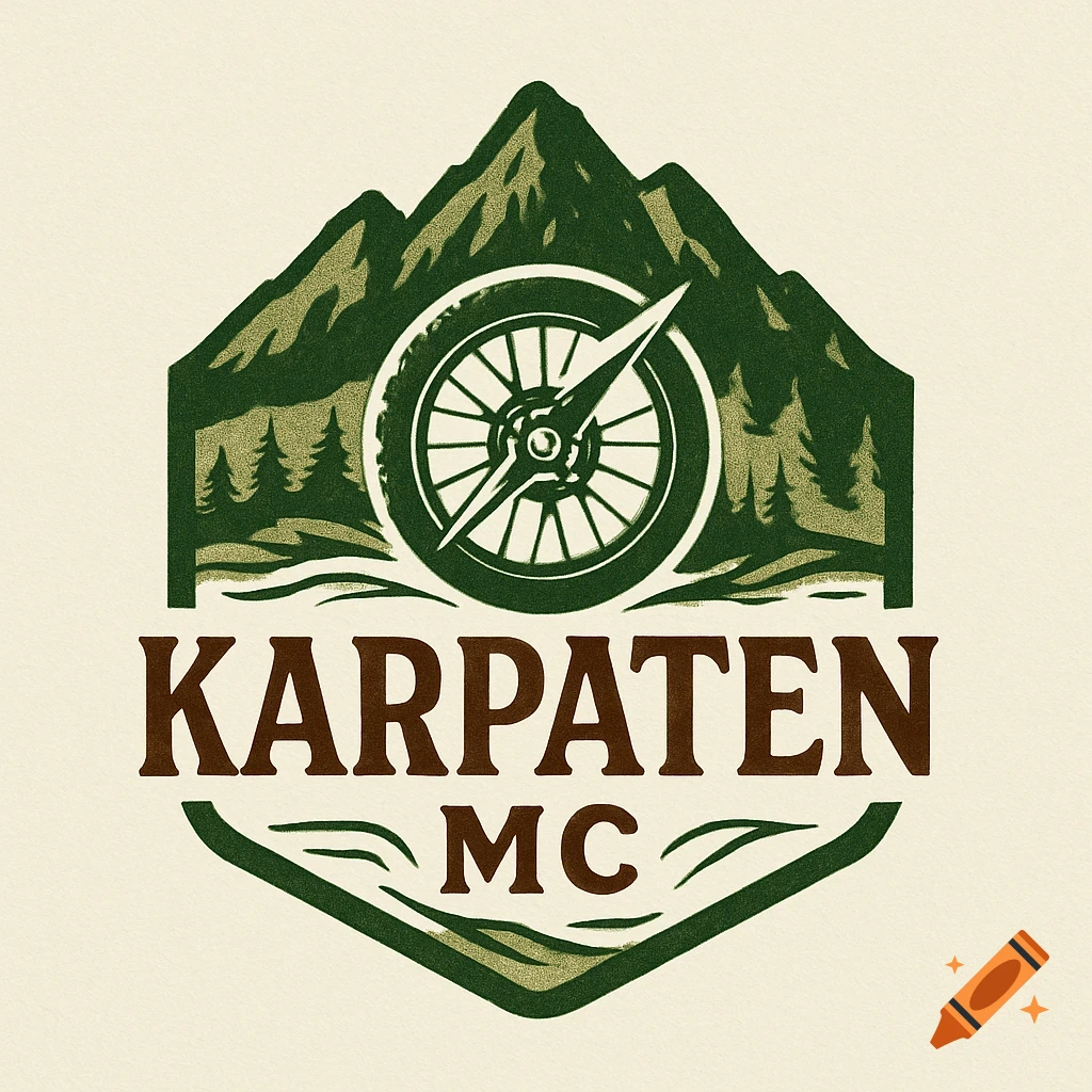 A rustic logo in green and brown features mountains, trees, a compass on a wheel, and the text "KARPATEN MC" below.