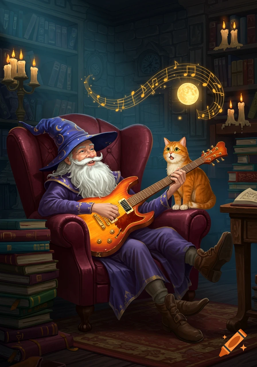 A happy wizard with a long white beard plays an electric guitar in a cozy library, with an orange tabby cat listening on the armchair armrest. Moonlight streams in, showing musical notes.