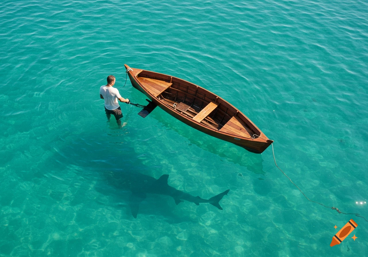 A man stands in waist-deep turquoise water next to a wooden rowboat, unaware of the large shark shadow lurking beneath him.