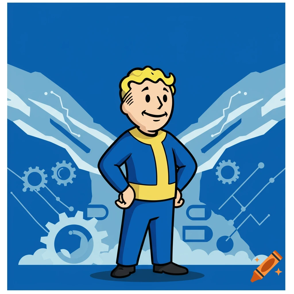 Vault Boy in his blue and yellow suit stands confidently against a blue background with abstract gears and circuit lines.