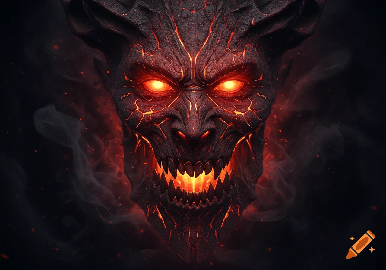 A dark, ominous demon face with glowing red eyes and fiery cracks on a black, smoky background.