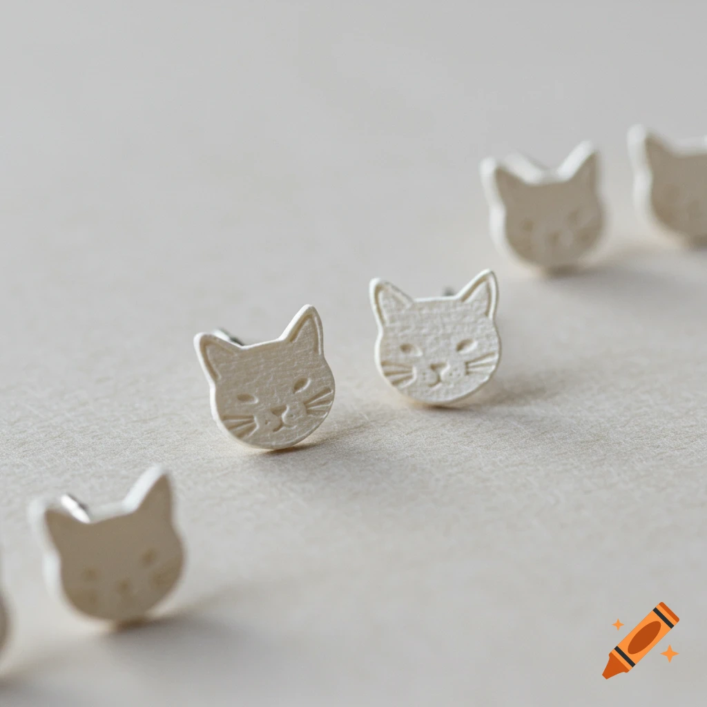 Multiple white cat-shaped earring studs with a subtle texture on a light surface.