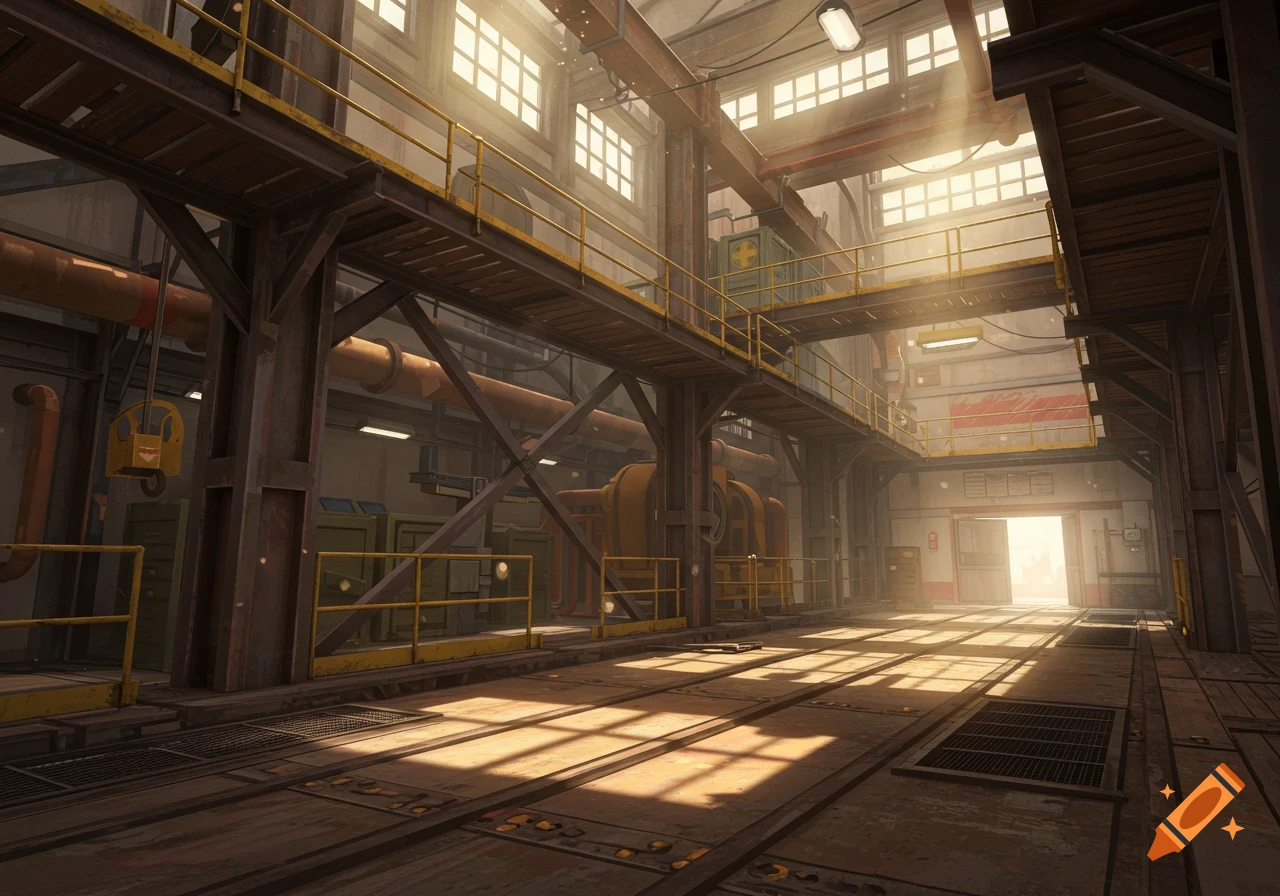 Sunlit interior of a two-story industrial loading bay with catwalks and machinery in a video game style.