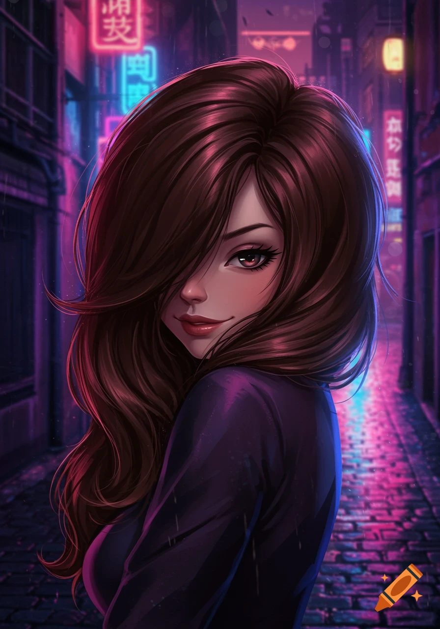 Anime portrait of a girl with long brown hair in a dark alley illuminated by pink and blue neon signs.