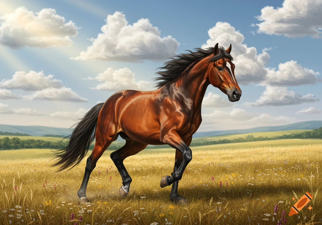 A majestic brown horse with a black mane trots through a golden field dotted with wildflowers under a sunny blue sky.