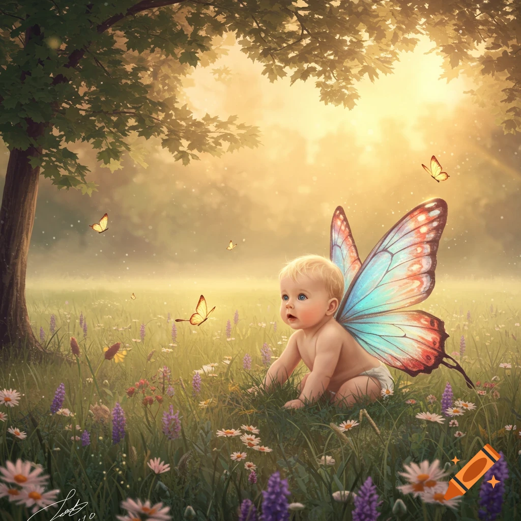 A cute baby with large, colorful butterfly wings crawls through a sunny meadow filled with wildflowers and flying butterflies.