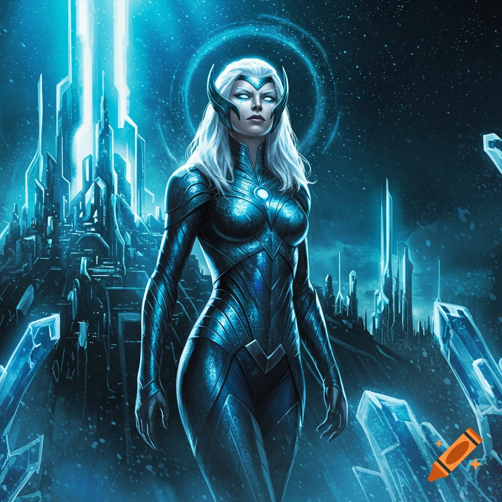 A powerful female character with white hair and glowing eyes in a blue armored suit stands in a futuristic city of glowing spires and crystals.