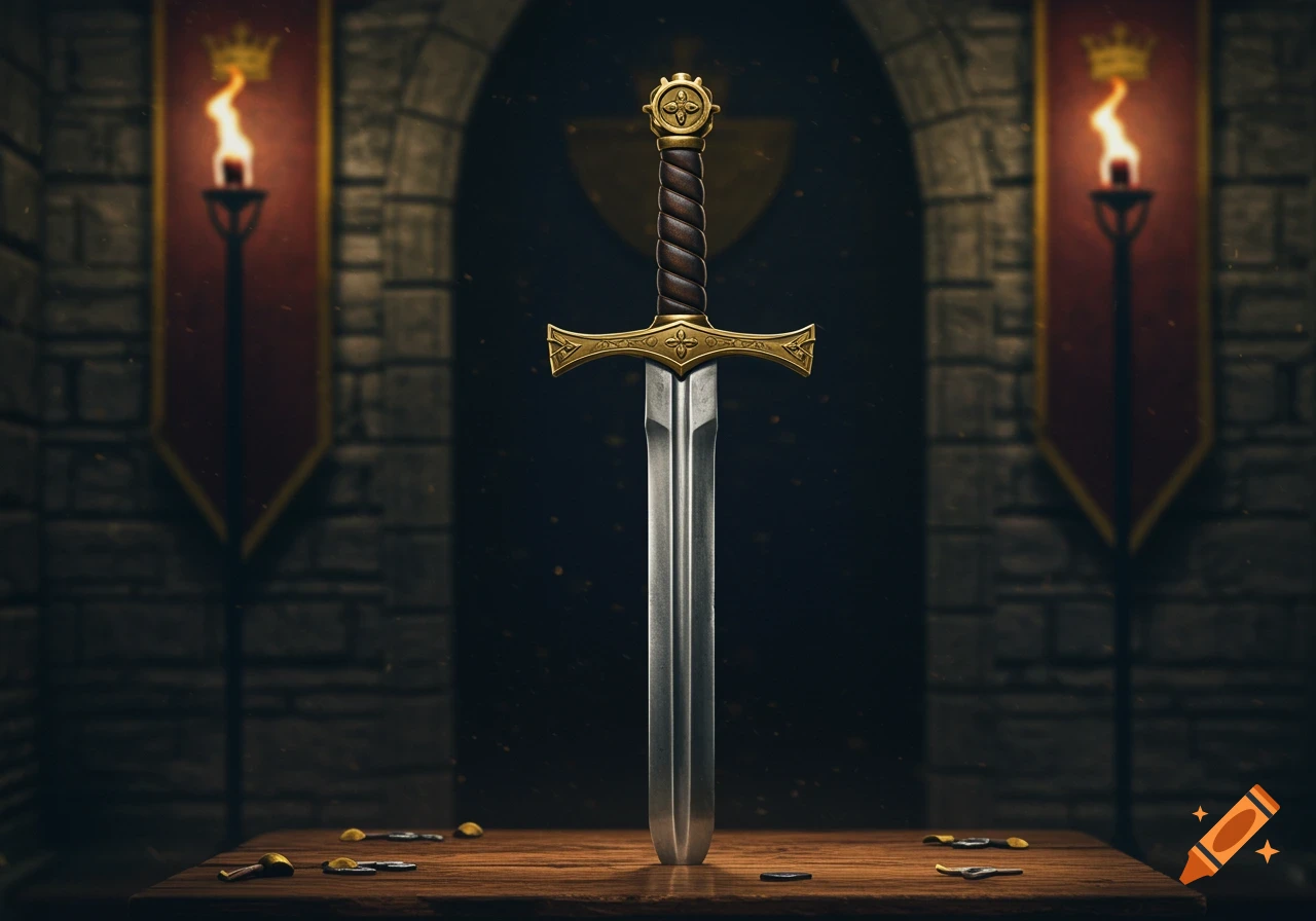 An ornate gold and steel sword stands on a wooden table in a dark, stone chamber with lit torches.