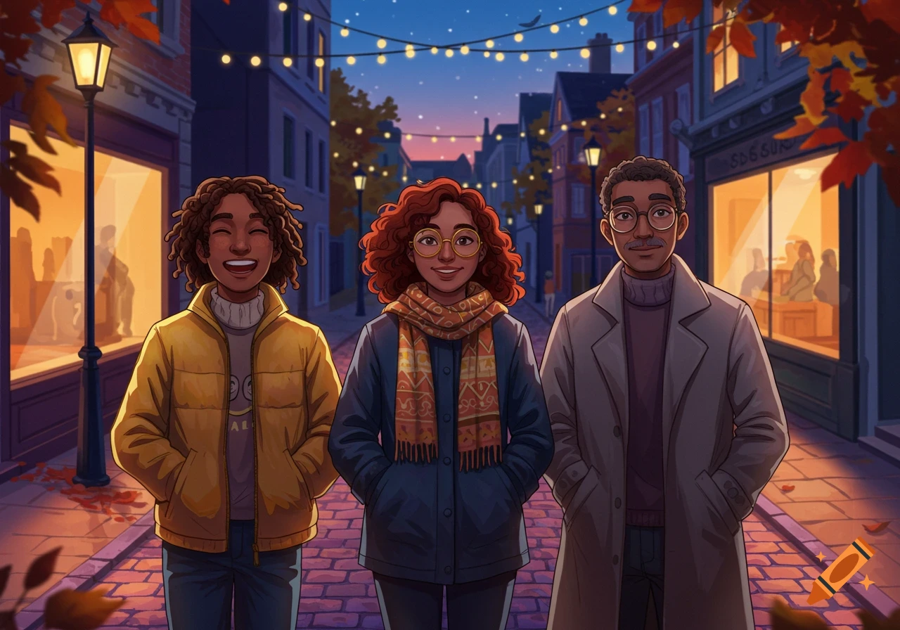 Three friends, two with curly hair, one in a yellow jacket, stand on a cobblestone street at night, illuminated by string lights and shop windows.