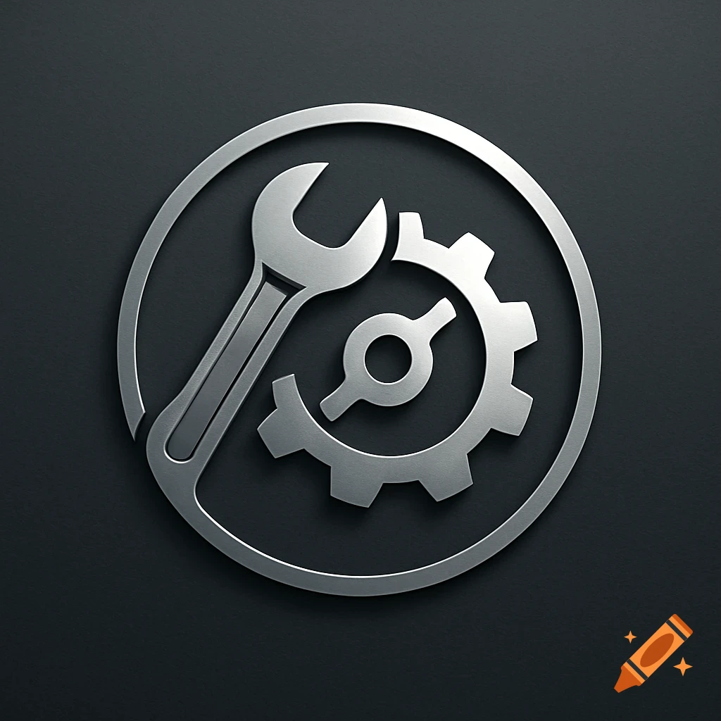 A silver metallic logo featuring a wrench and a gear inside a circle on a dark gray background.
