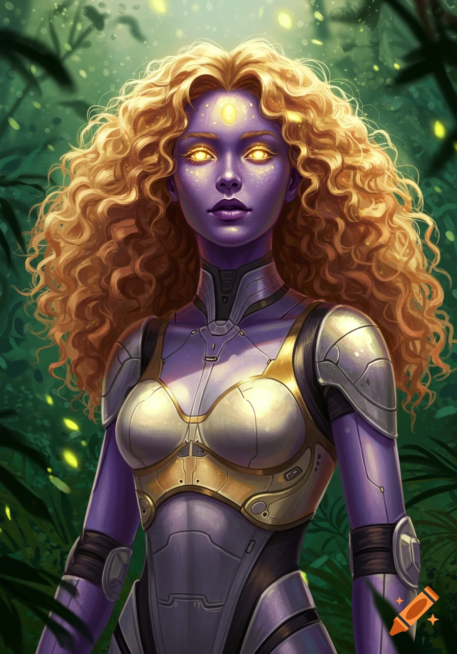 A woman with metallic purple skin, curly golden hair, glowing eyes, and a third eye, wearing light armor in a lush green environment. Digital art.