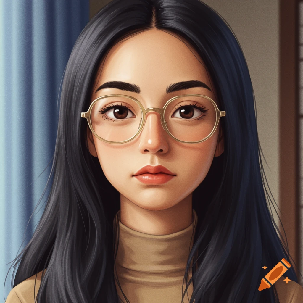 A Miyazaki-style portrait of a young woman with long black hair, large round glasses, and a tan turtleneck, looking forward.