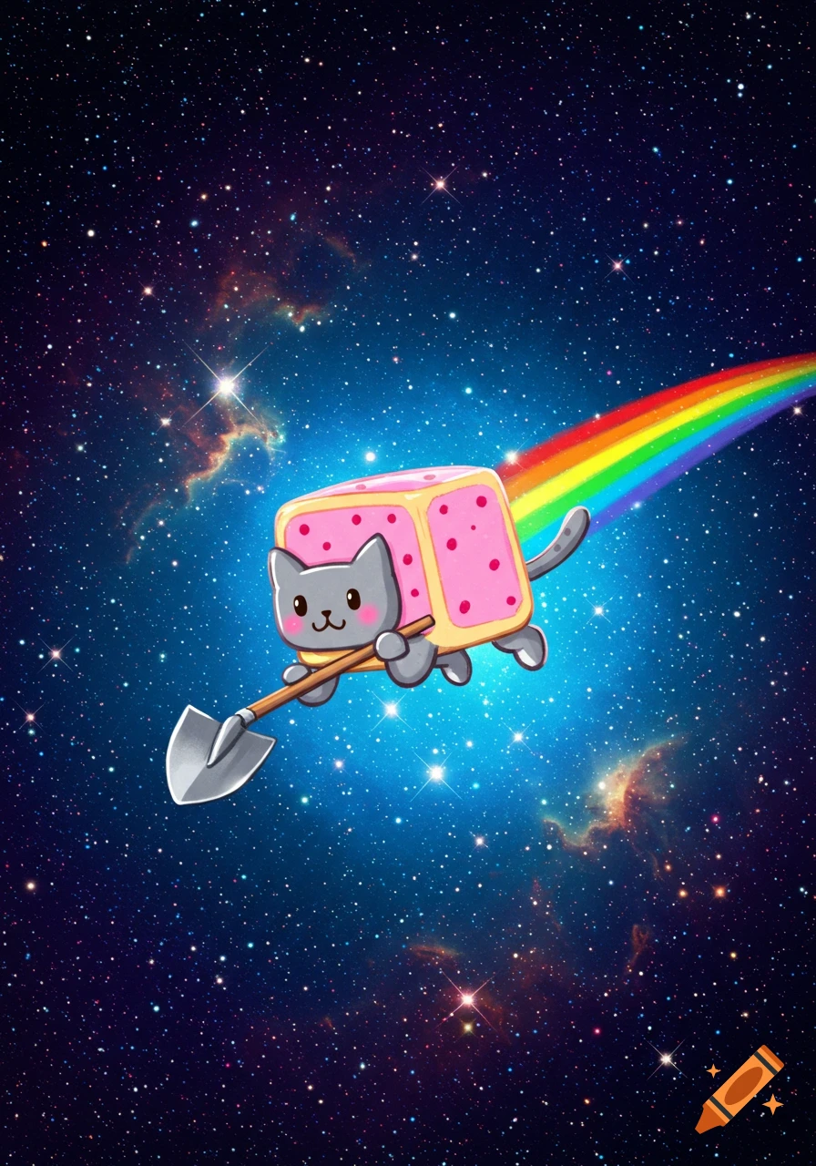 Nyan Cat, a cartoon gray cat with a pop-tart body, flies through starry space holding a shovel and leaving a rainbow trail.