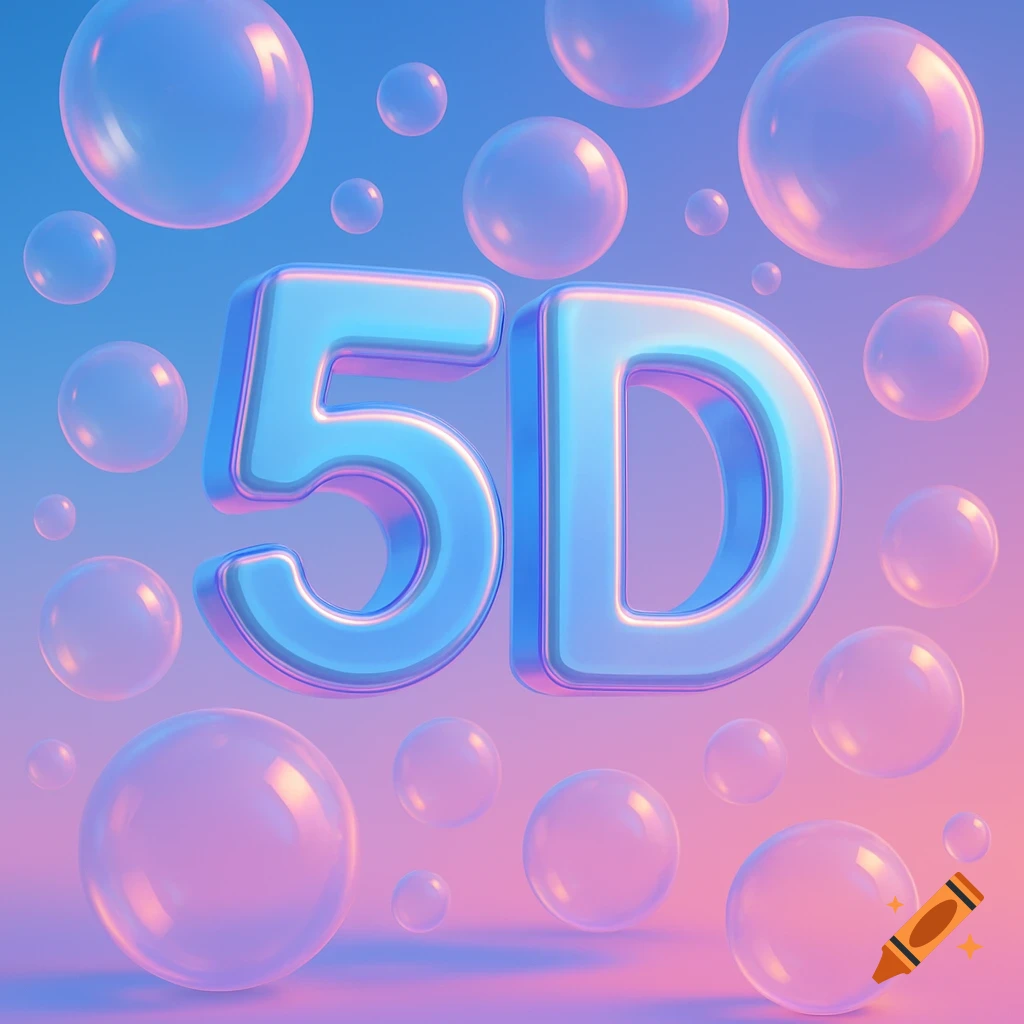 Large, shiny 3D text '5D' surrounded by translucent bubbles against a blue and pink gradient background.