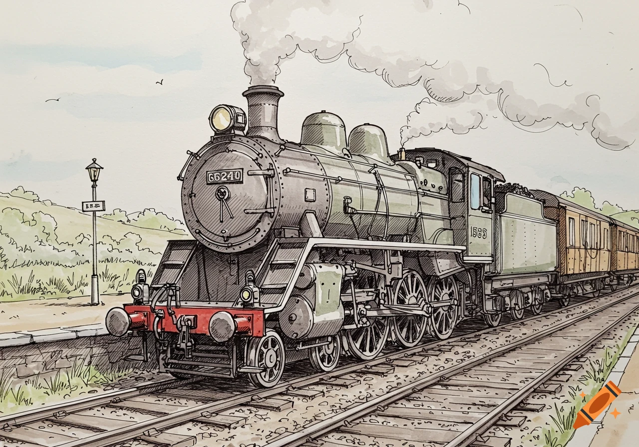 A detailed sketch illustration of a vintage steam train with multiple cars on tracks, emitting smoke, in a landscape.