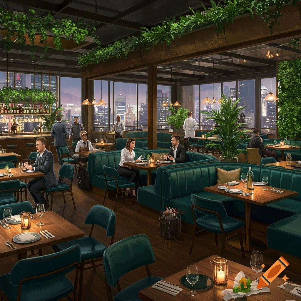 A stylish, lush green restaurant with large windows overlooking a city skyline at dusk, filled with diners.