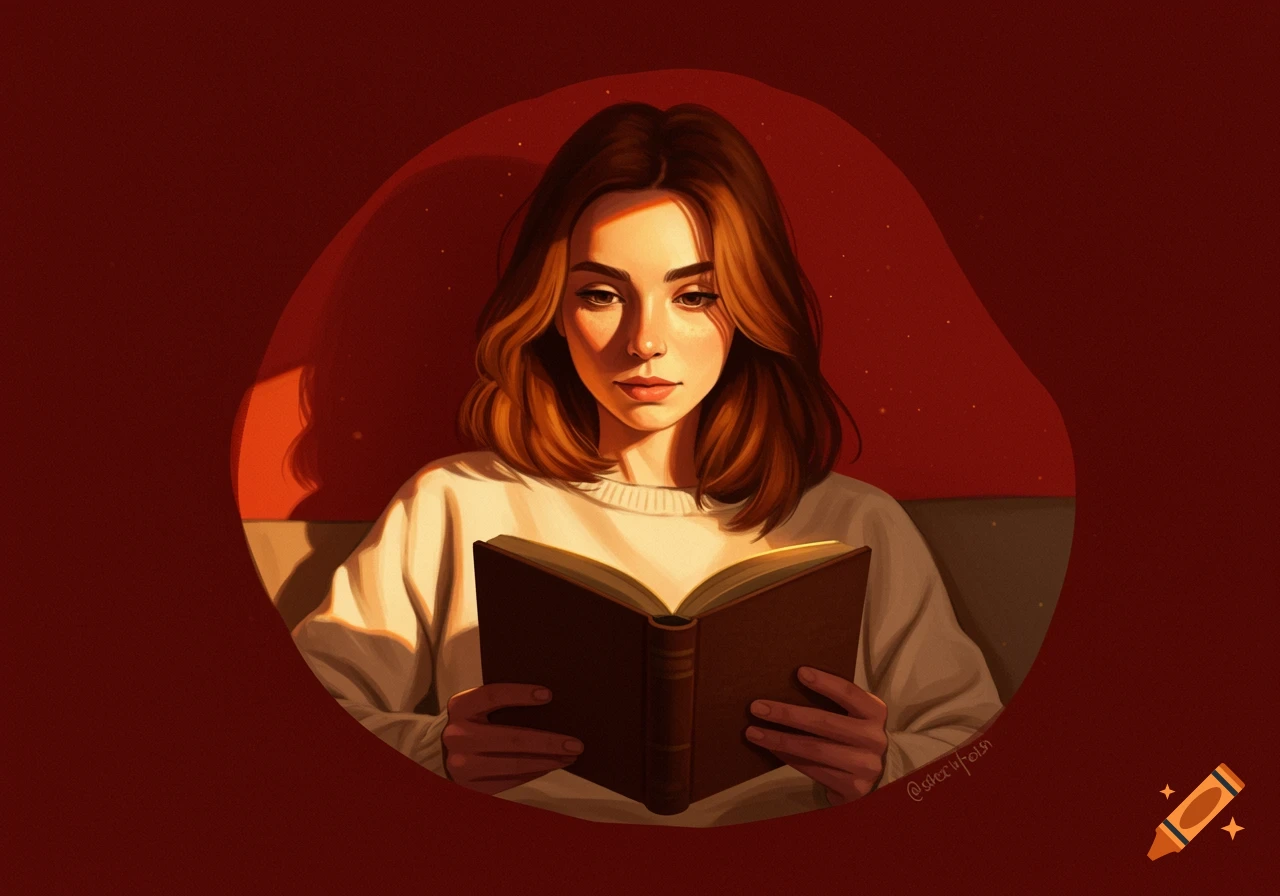 A woman with brown hair reads a book, illuminated by a warm light in an illustration with a red background.