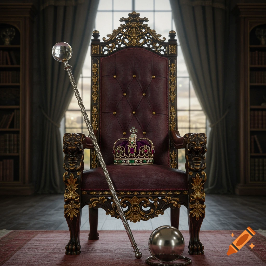 An ornate red and gold throne sits in a grand room with a crown, scepter, and orb. Photorealistic style.