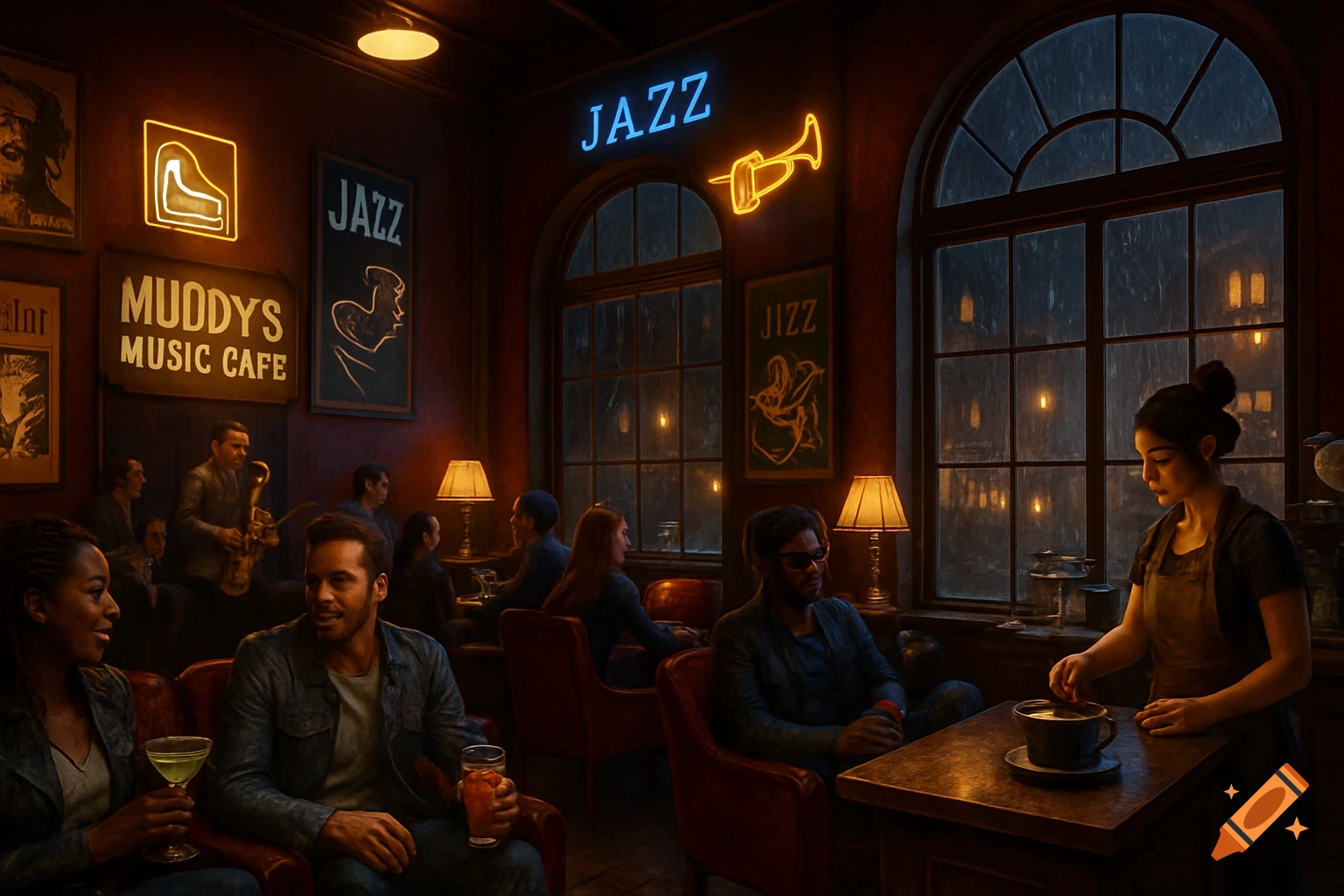 A dimly lit, photorealistic jazz cafe at night with patrons enjoying drinks and music, a saxophonist playing, and a server attending to a table.