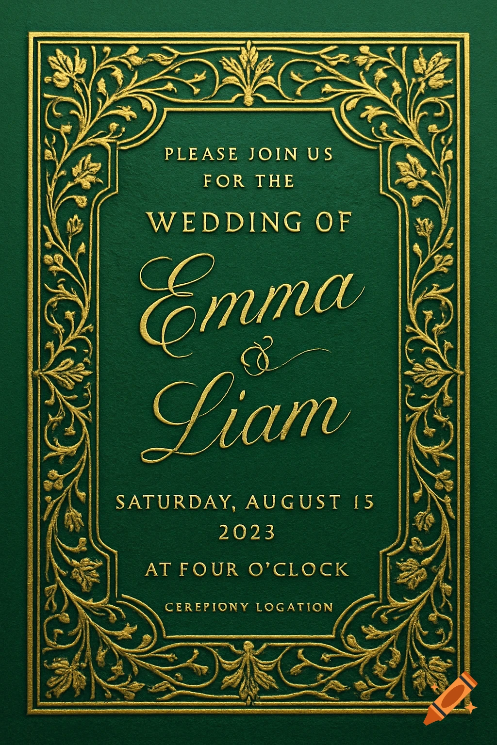 An emerald green wedding invitation with an ornate gold floral border and gold text announcing the wedding of Emma & Liam.
