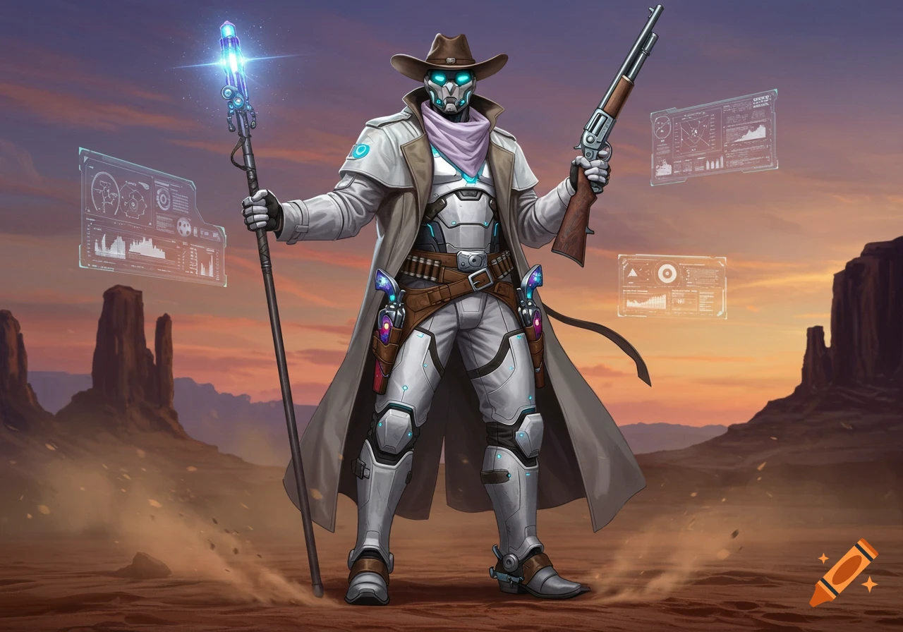 A futuristic cowboy in white battle armor and trench coat holds a rifle and a glowing staff in a desert.