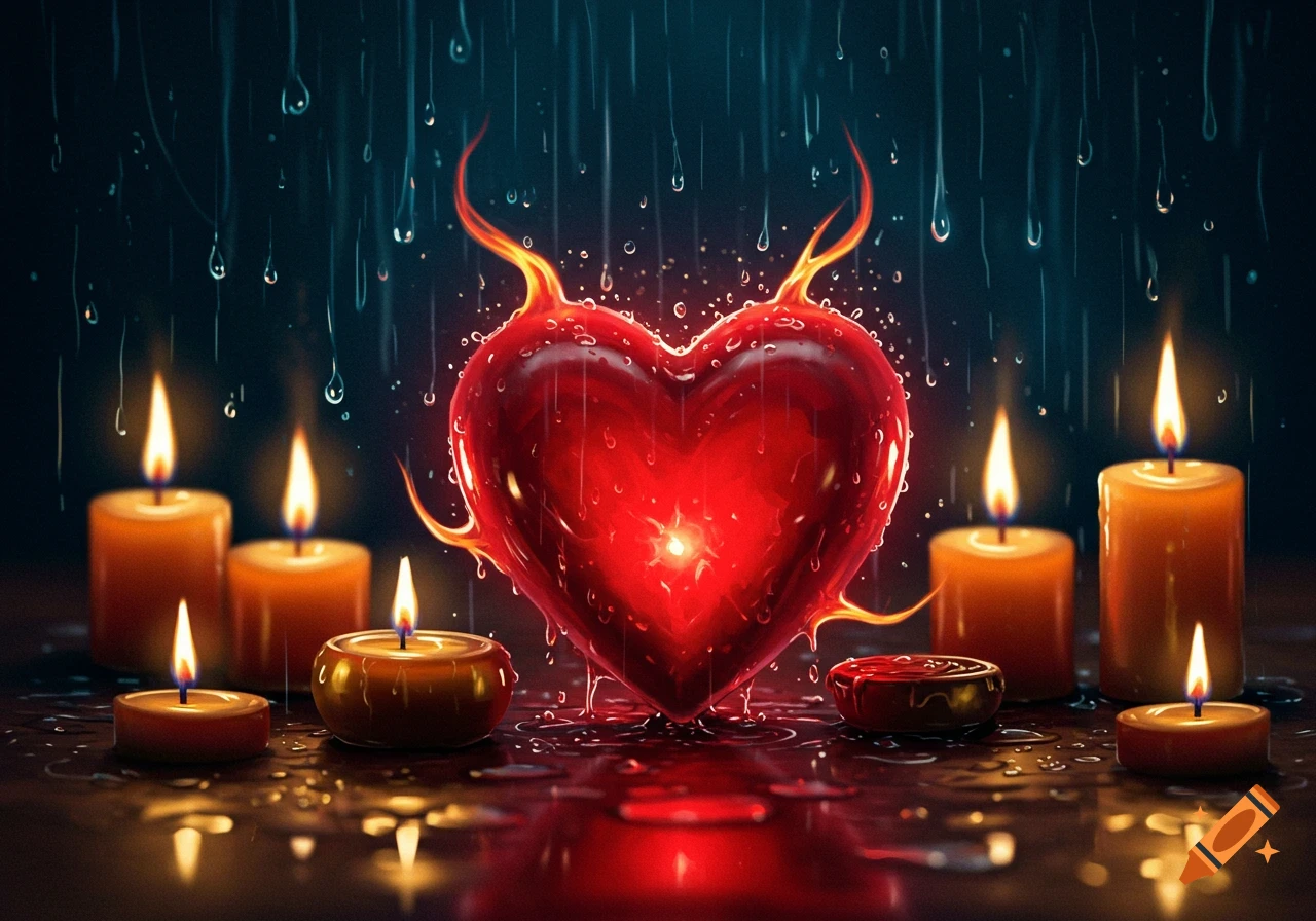 A glowing red heart with flames and raindrops, surrounded by lit candles, creating a mystical atmosphere.