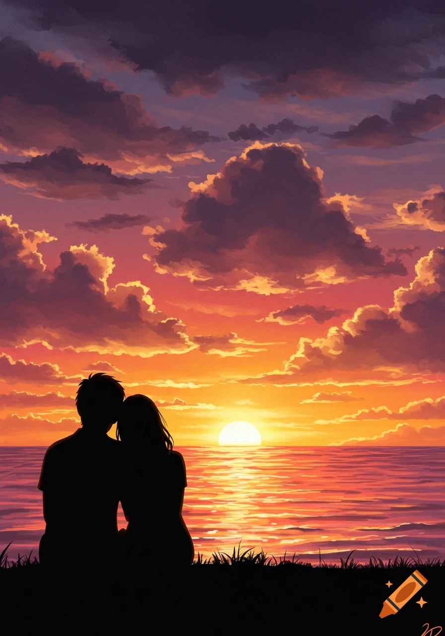 Anime-style illustration of a silhouetted couple sitting by the ocean, watching a vibrant sunset.