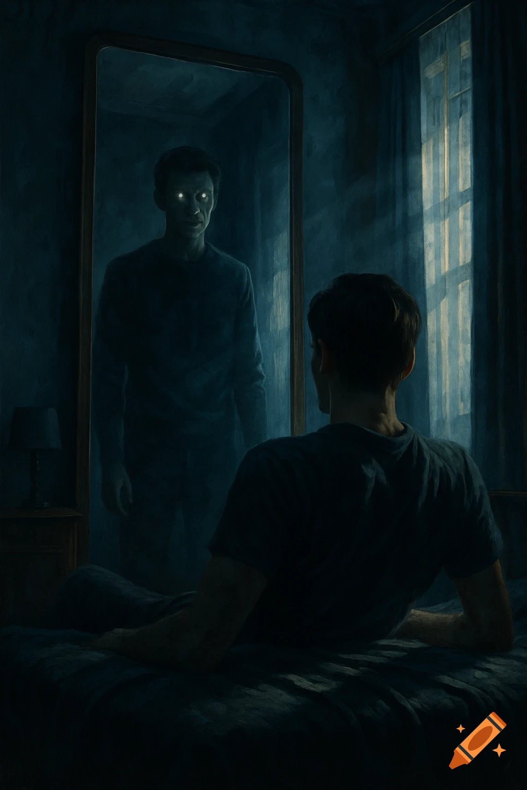 A man sits on a bed, looking into a mirror at his reflection with glowing eyes and a sinister expression in a dark, eerie room.