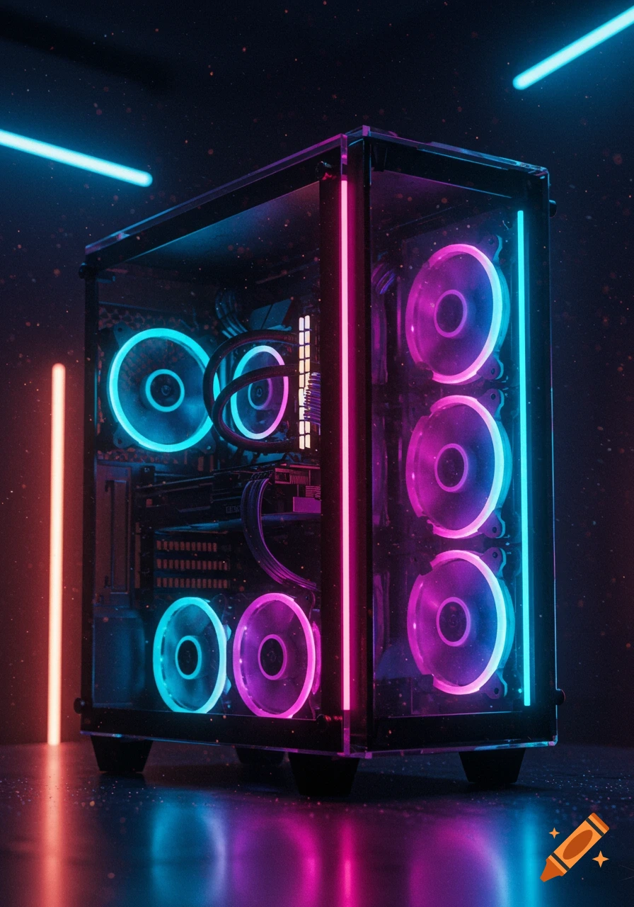 A dark, close-up shot of a modern gaming PC case with vibrant blue and pink RGB internal lighting.