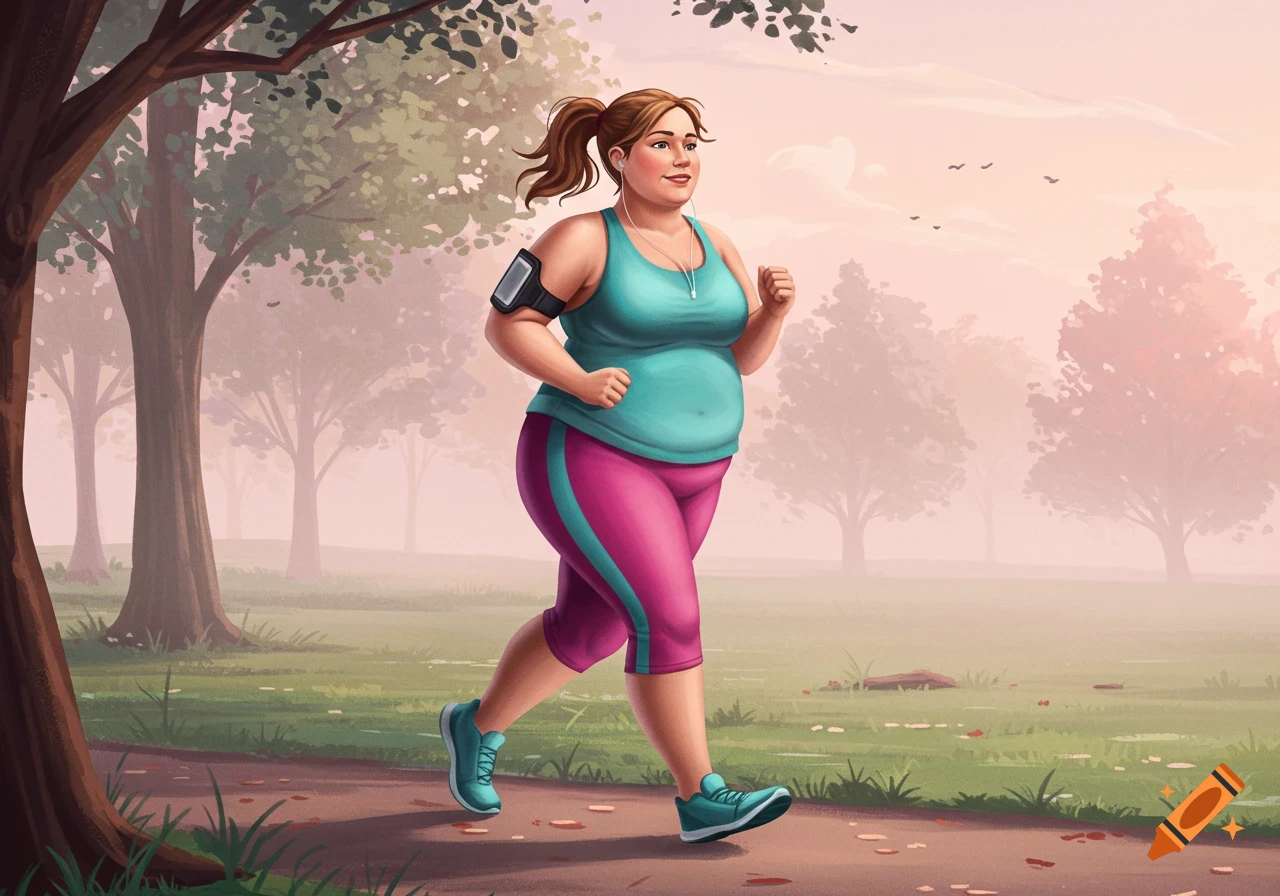 An overweight woman with a ponytail jogs through a park on a dirt path, wearing a teal top and pink leggings.
